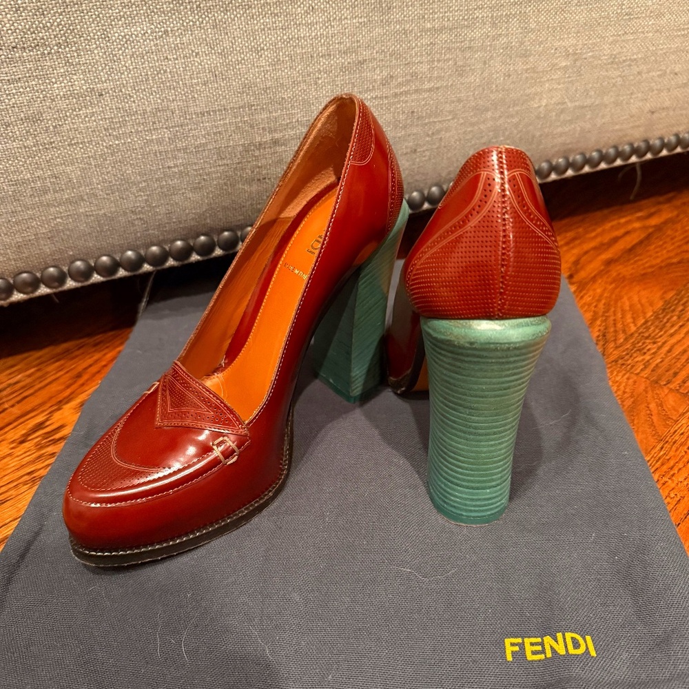 Fendi Brown Perforated Leather Loafer Pumps